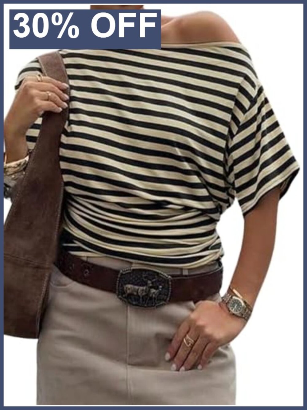Off Shoulder Striped Tee Cinched Waist Stretch Knit Going Out Top